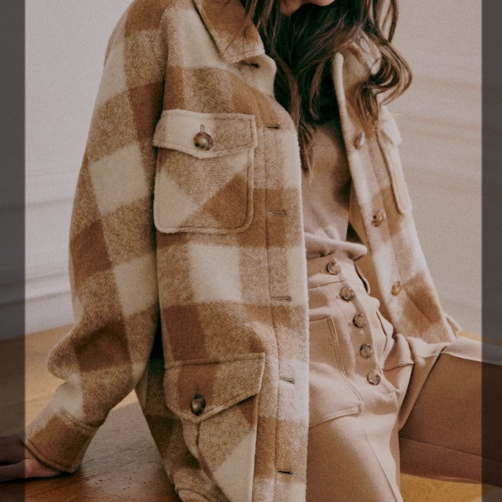 Sezane Tan and Cream Plaid Jacket